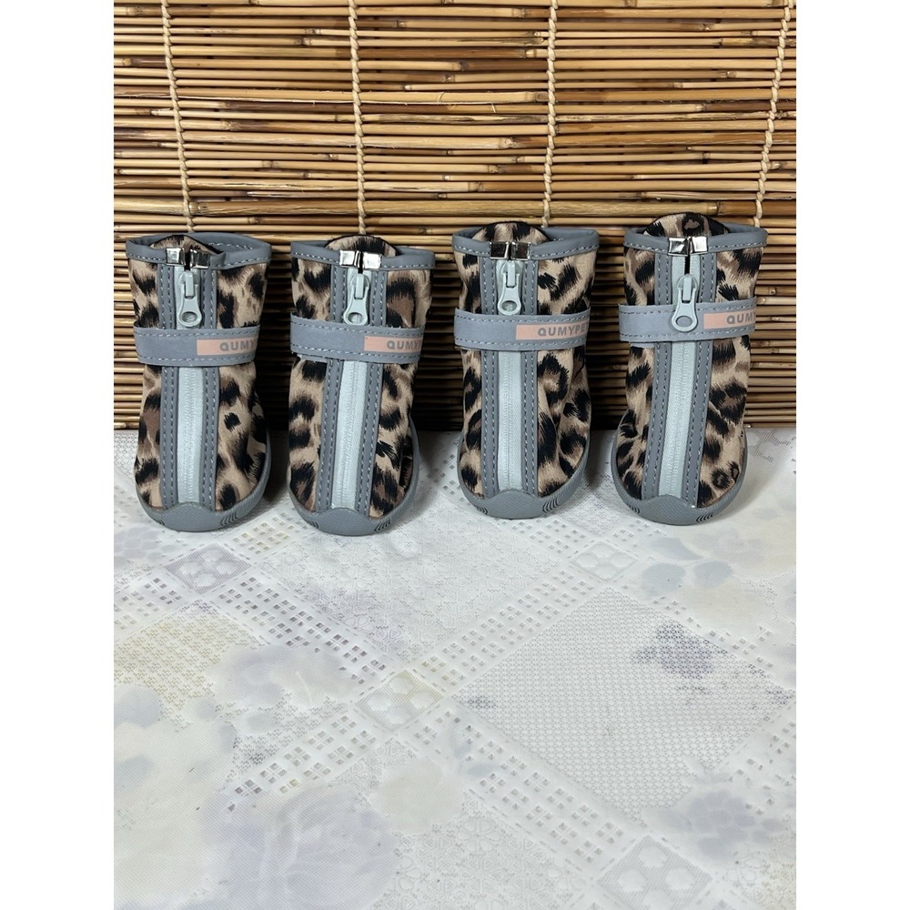 Dog Boots Shoes Size 5 Non-slip Rubber Brown Gray Leopard Print Set‎ of 4